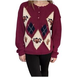 Vintage Shenanigans Fuchsia Pink Floral Embroidered Sweater L